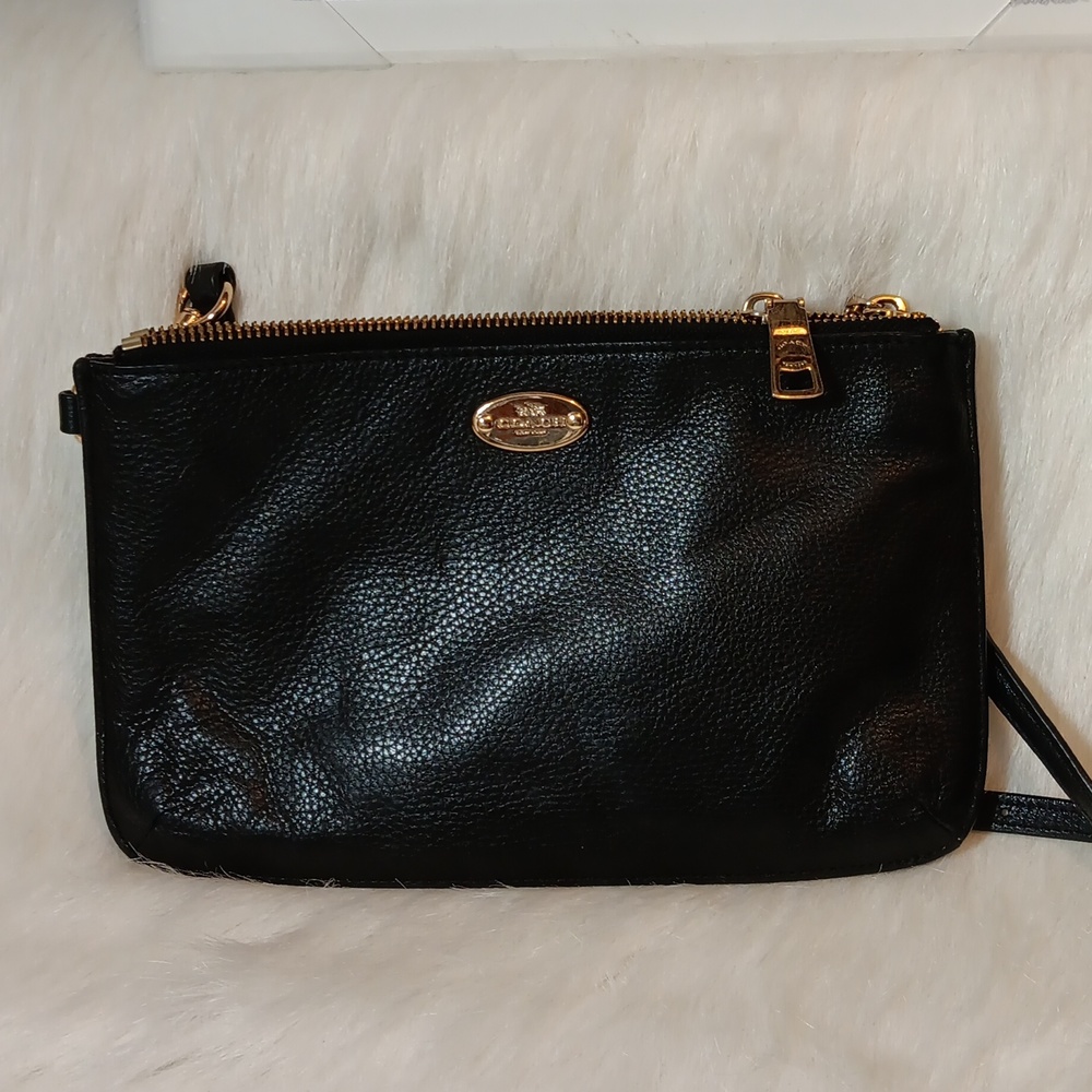 Coach Pebble Black Leather Double Zip Crossbody